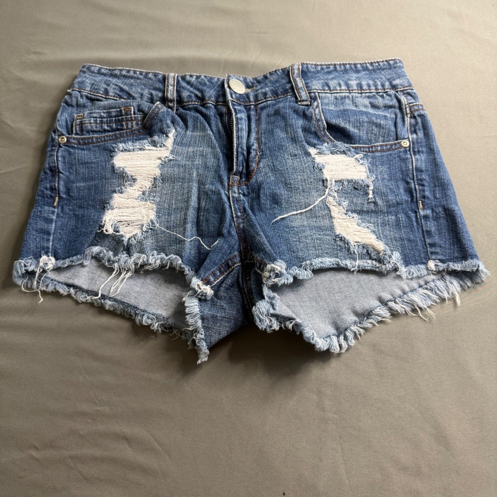 Hot Kiss Womens Distressed Denim Cut Off Shorts Blue Medium Wash Frayed Hem 7